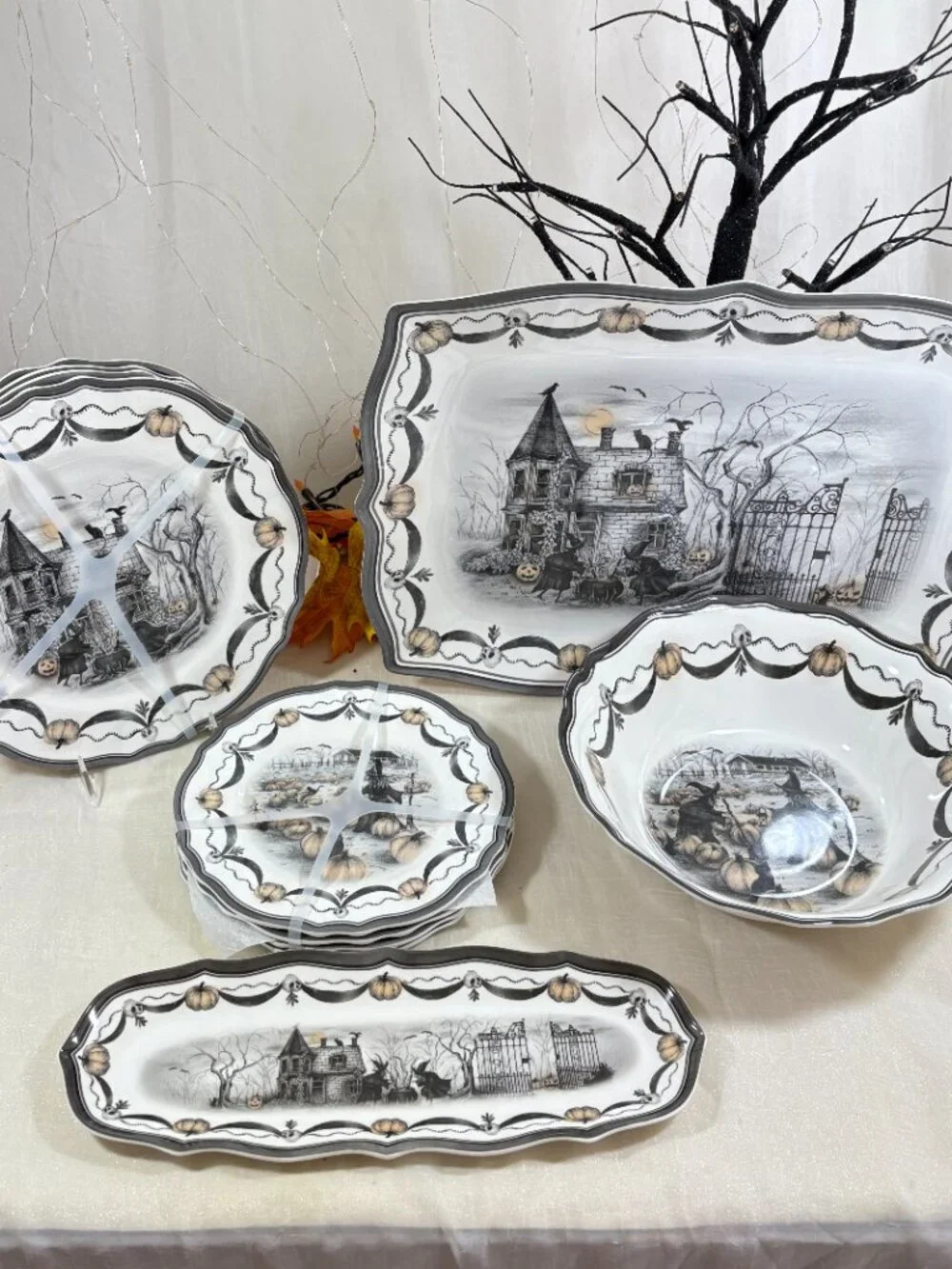 Halloween Melamine Witch Coven Cat Dinner & Salad Plates & 3 Serving 11 PC Set